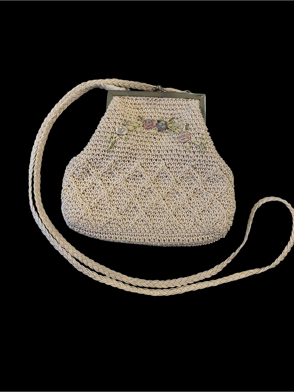 Hand-Crocheted Cream Floral Crossbody Bag
